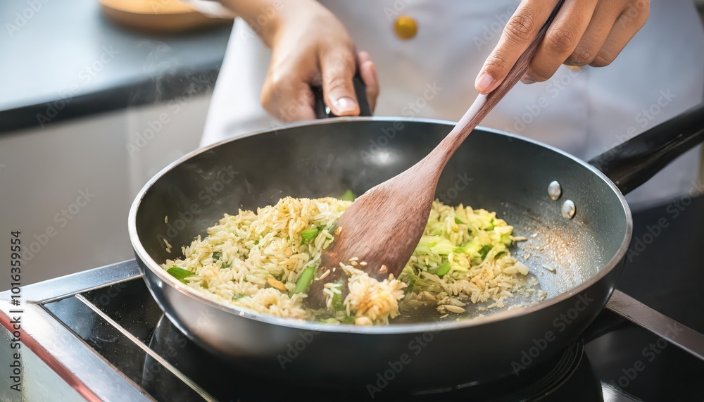 Hand cooking rice in skillet with wooden spoon, white isolate background Hand cooking rice in skillet with wooden spoon, white isolate background