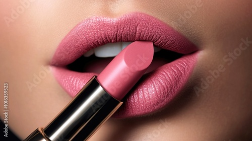 close up of glamorous young woman applying pink lipstick on grey background, beauty and makeup