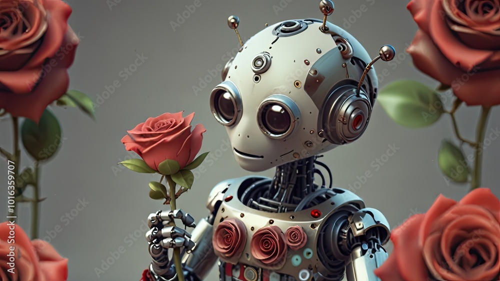 Cute robot is smelling a rose in a romantic gesture for valentine's day. The robot is surrounded by roses and has a look of love on its face