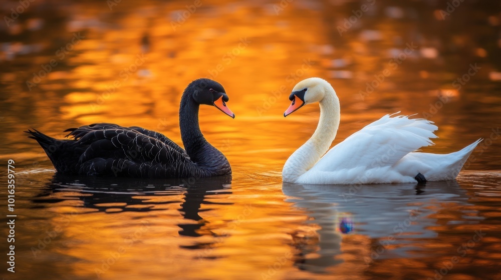 A white swan and black swan floating in perfect symmetry, their feathers shimmering in the golden light of sunset. A white swan and black swan floating in perfect symmetry, their feathers shimmering in the golden light of sunset.
