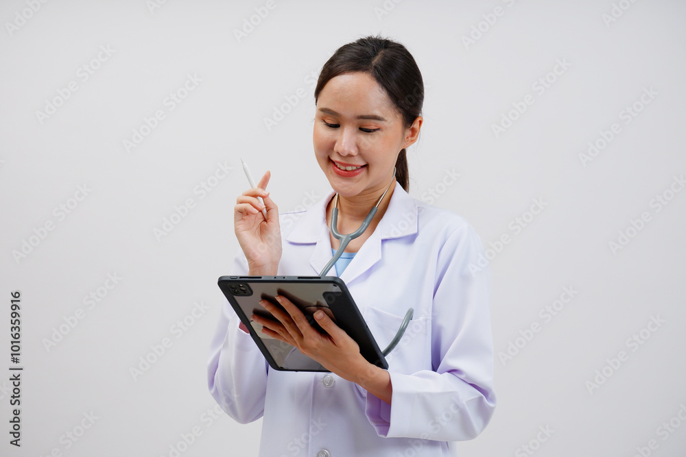 Asian female doctor smiling standing holding tablet. Asian female doctor smiling standing holding tablet.