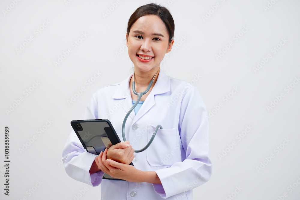 Asian female doctor smiling standing holding tablet. Asian female doctor smiling standing holding tablet.