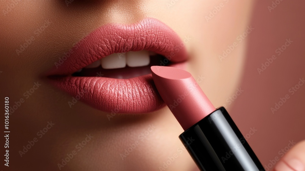 Obraz premium close up of glamorous young woman applying pink lipstick on grey background, beauty and makeup