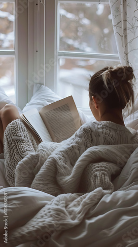 Cozy Reading Retreat: Tranquil Person Relaxing in Bed Surrounded by Pillows and Soft Blankets
