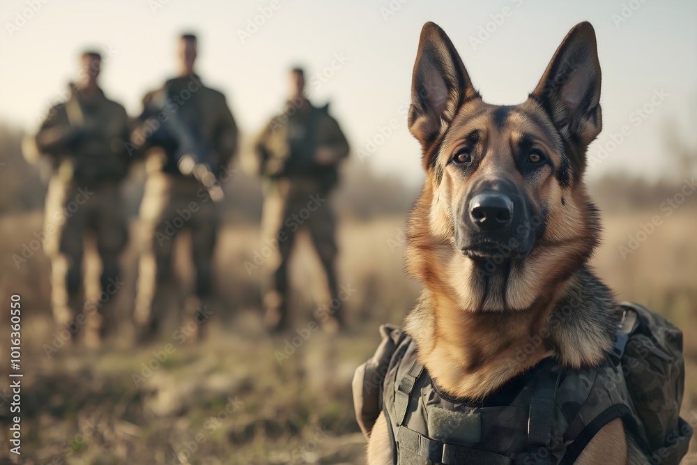 Military working dog wearing uniform, bulletproof vesta, blur group of soldiers. Rescue dog looking for injured people in ruins after war or earthquake. Police, guard, security dogs profession. K9 Military working dog wearing uniform, bulletproof vesta, blur group of soldiers. Rescue dog looking for injured people in ruins after war or earthquake. Police, guard, security dogs profession. K9