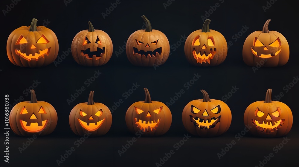 A set of Halloween pumpkins with glowing faces. Perfect for adding a spooky touch to your Halloween decorations A set of Halloween pumpkins with glowing faces. Perfect for adding a spooky touch to your Halloween decorations