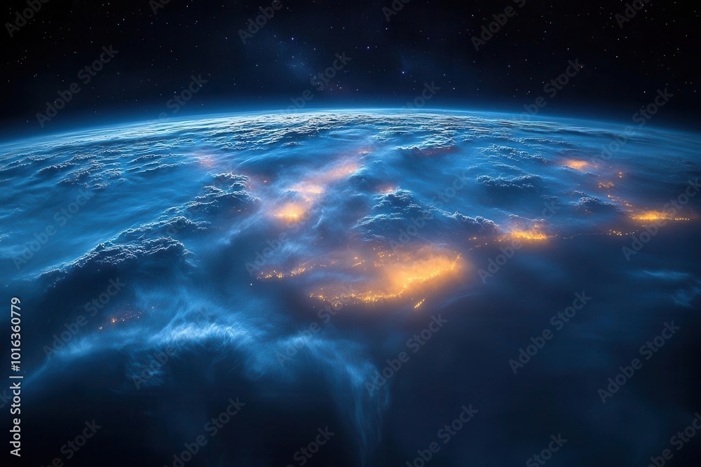 Fototapeta premium earth at night from space glowing city lights across continents wispy cloud patterns deep blue oceans thin atmosphere halo