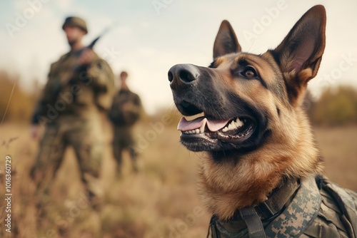 Military working dog wearing uniform, bulletproof vesta, blur group of soldiers. Rescue dog looking for injured people in ruins after war or earthquake. Police, guard, security dogs profession. K9