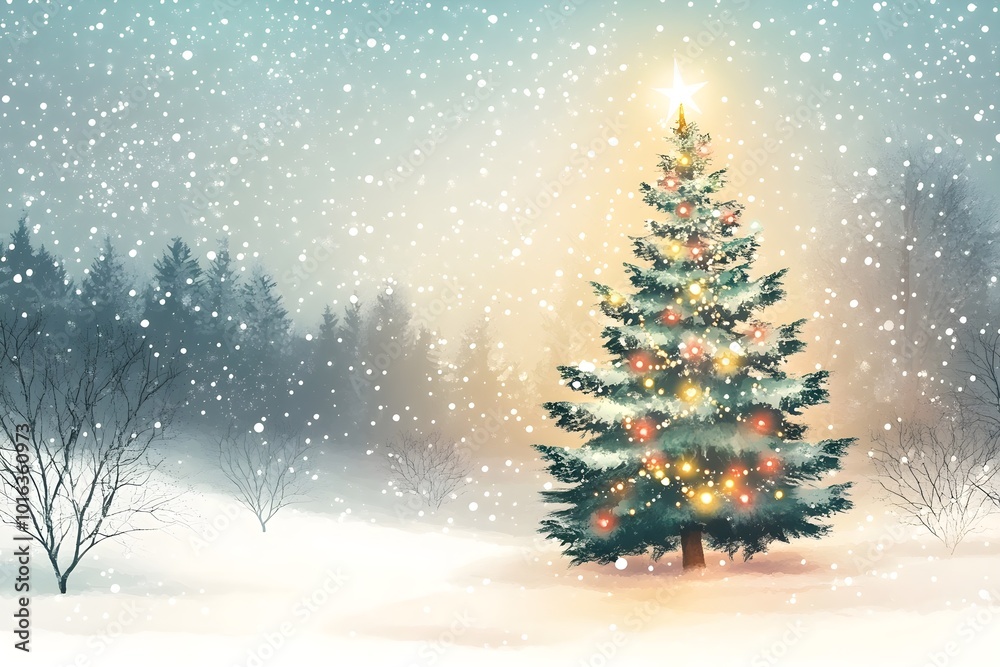 Beautiful background for a Christmas card, featuring a serene winter landscape. Include elements like softly falling snow, sparkling lights, and a majestic, decorated Christmas tree. Beautiful background for a Christmas card, featuring a serene winter landscape. Include elements like softly falling snow, sparkling lights, and a majestic, decorated Christmas tree.