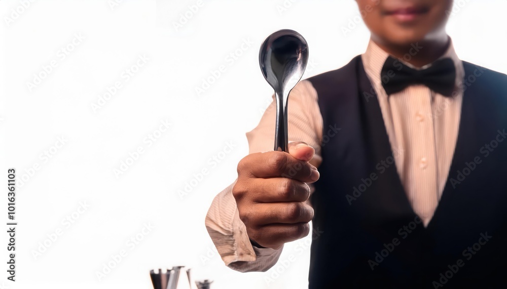 Waiter presenting a spoon with a professional smile. Waiter presenting a spoon with a professional smile.
