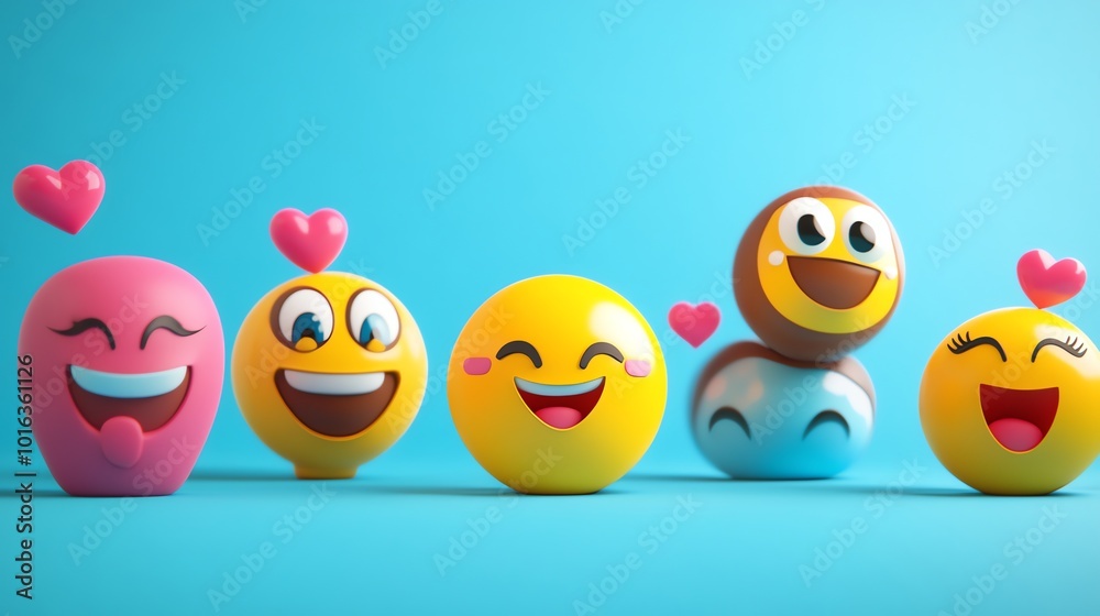 A row of five 3D emojis with various happy expressions and hearts. A row of five 3D emojis with various happy expressions and hearts.