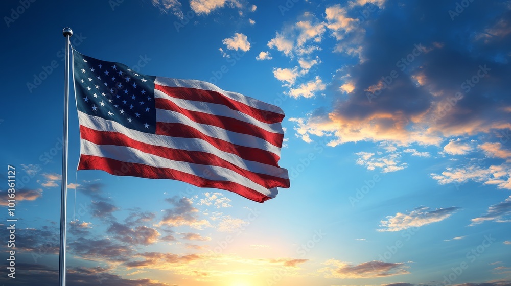 American flag waving proudly against a bright blue sky with fluffy clouds. American flag waving proudly against a bright blue sky with fluffy clouds.