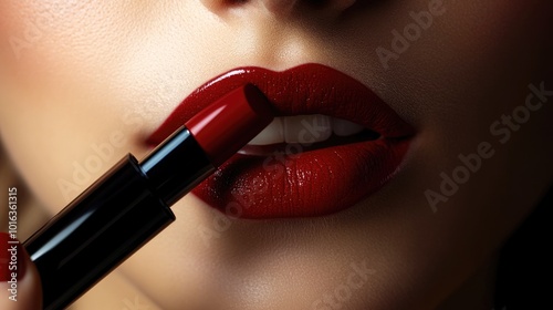 close up of glamorous young woman applying red lipstick on grey background, beauty and makeup