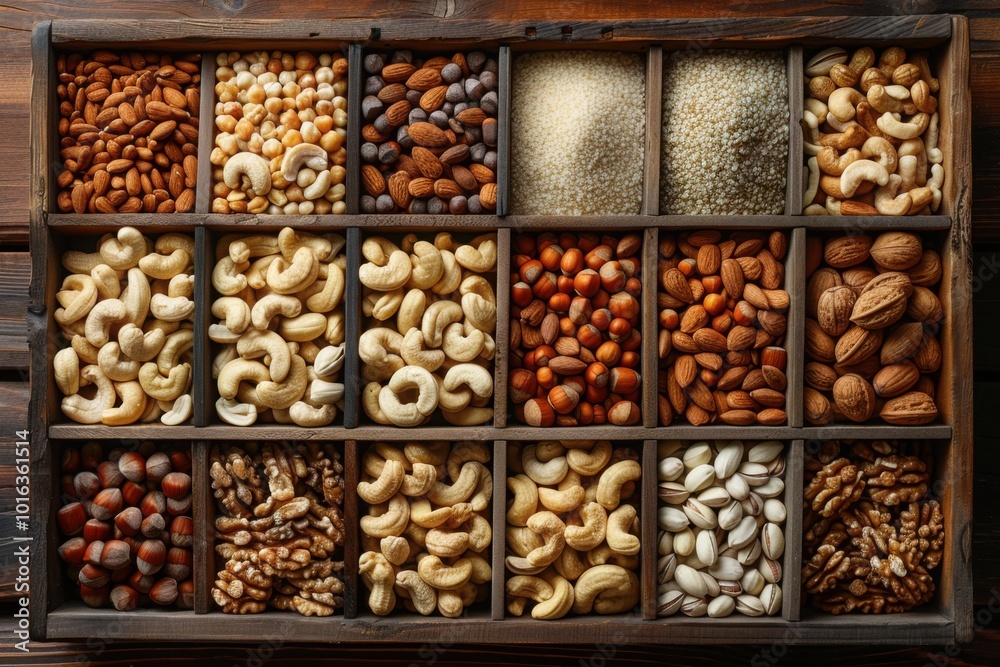 A wooden box filled with a variety of nuts and seeds, neatly arranged in compartments, showcasing a gourmet and healthy snack selection.
A wooden box filled with a variety of nuts and seeds, neatly arranged in compartments, showcasing a gourmet and healthy snack selection.