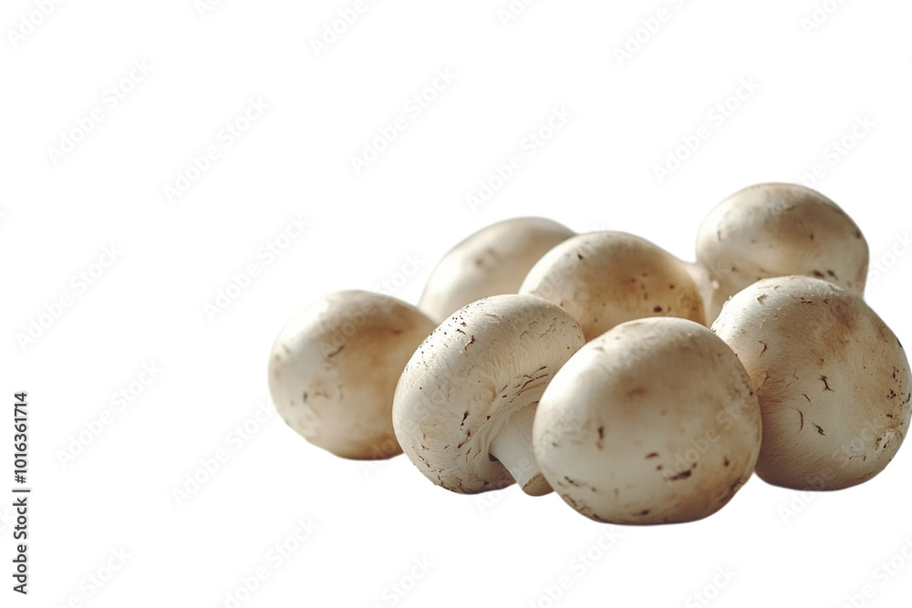 Fresh button mushrooms scattered on a white surface, isolated. PNG transparent. Fresh button mushrooms scattered on a white surface, isolated. PNG transparent.