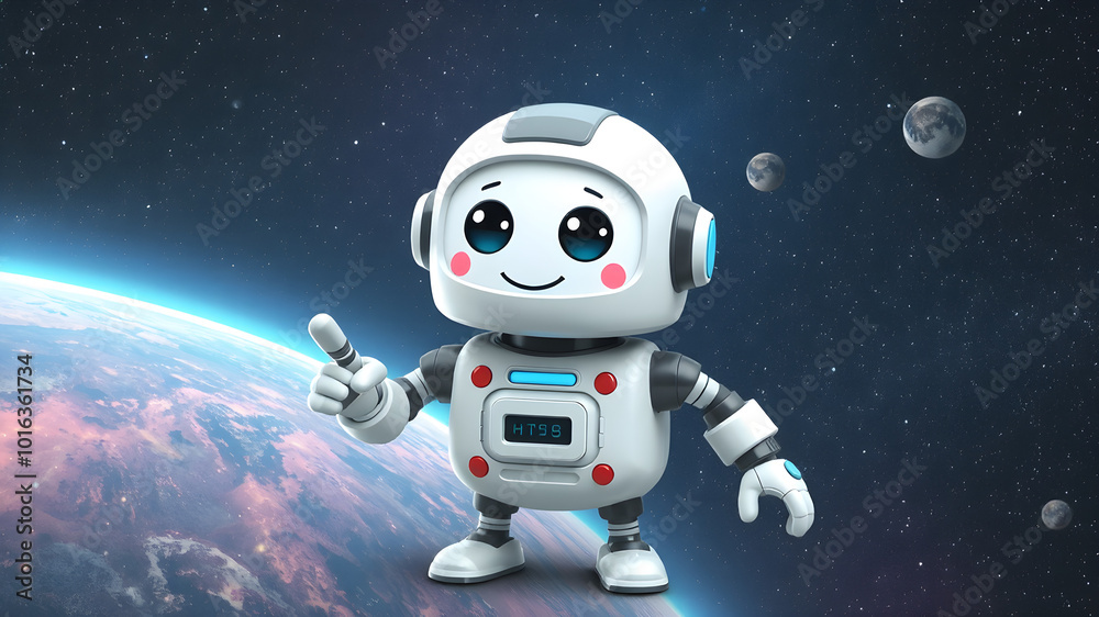 Positive cute robot pointing at a space. Copy space, ai generated. Cute blue robot giving thumbs up 3D rendering illustration.