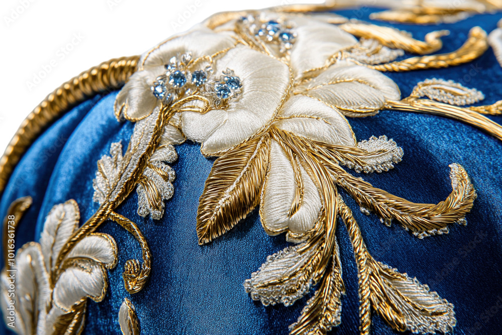 Fototapeta premium Blue velvet pillow with embroidered details, isolated on a white background. PNG transparent.