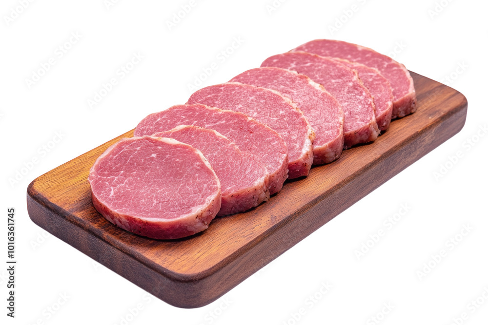 Slices of ham on a wooden cutting board, isolated on a white background. PNG transparent. Slices of ham on a wooden cutting board, isolated on a white background. PNG transparent.
