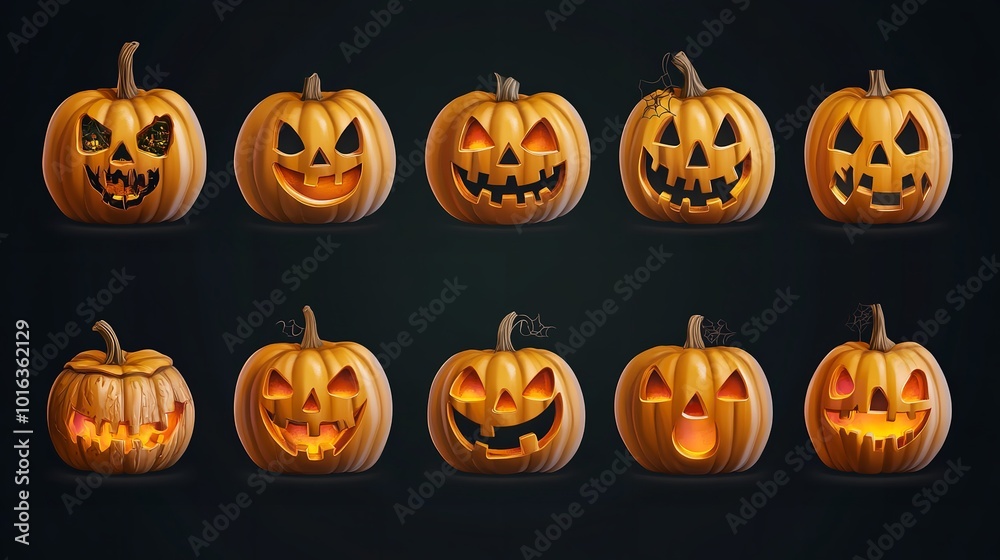 A set of Halloween pumpkins with glowing faces. Perfect for adding a spooky touch to your Halloween decorations A set of Halloween pumpkins with glowing faces. Perfect for adding a spooky touch to your Halloween decorations