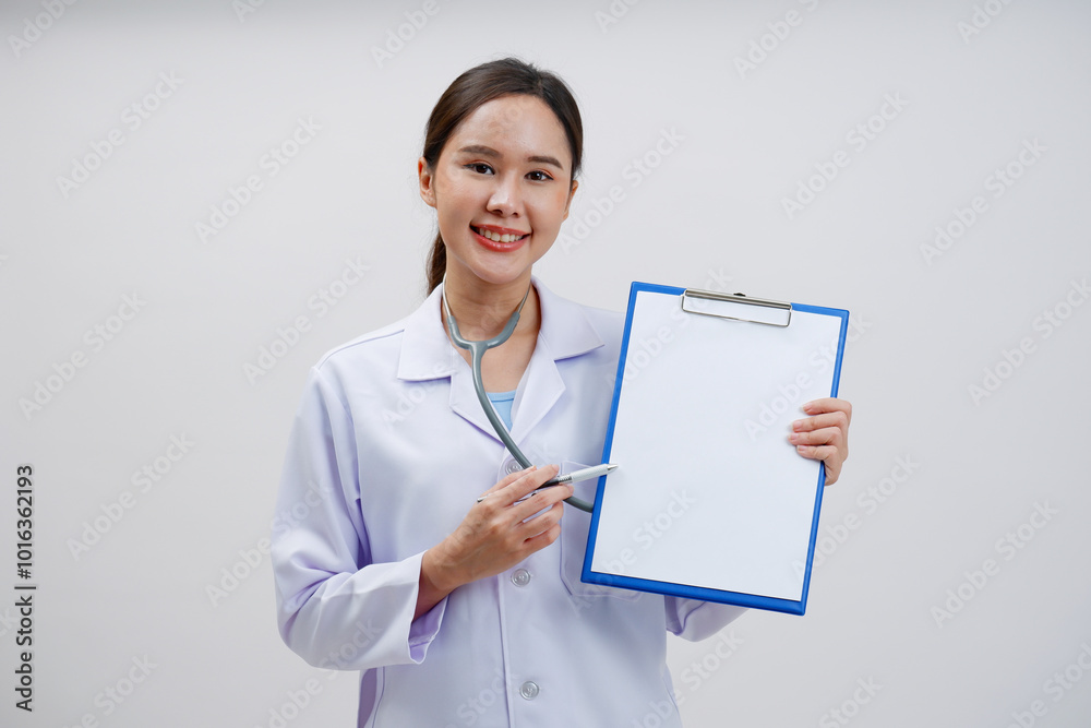 Asian female doctor standing holding a paper board. Asian female doctor standing holding a paper board.