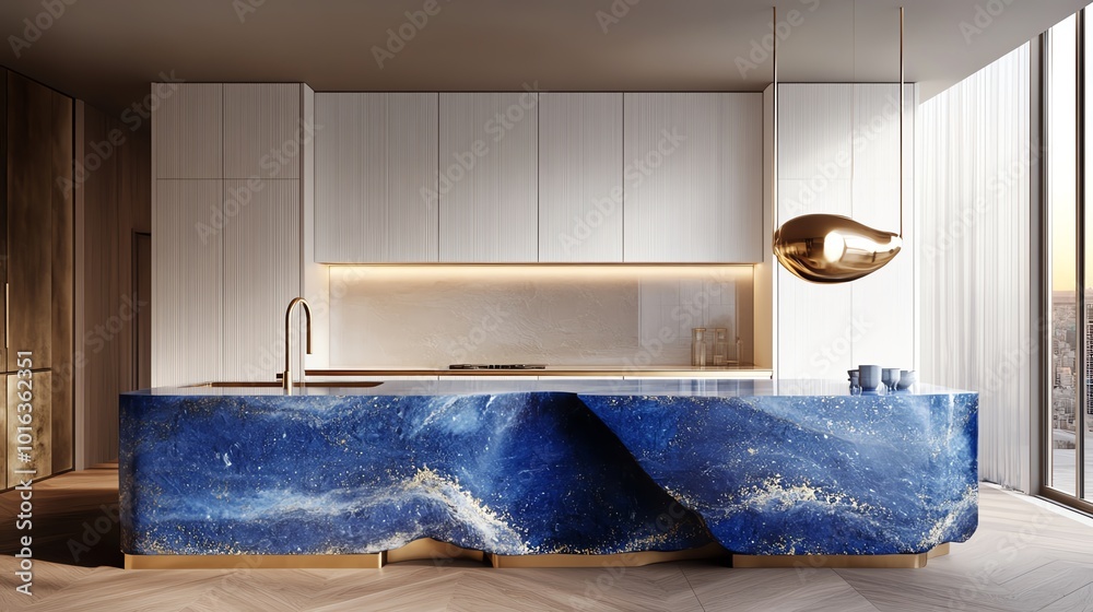 Modern kitchen with a blue and white color scheme. The island features ...