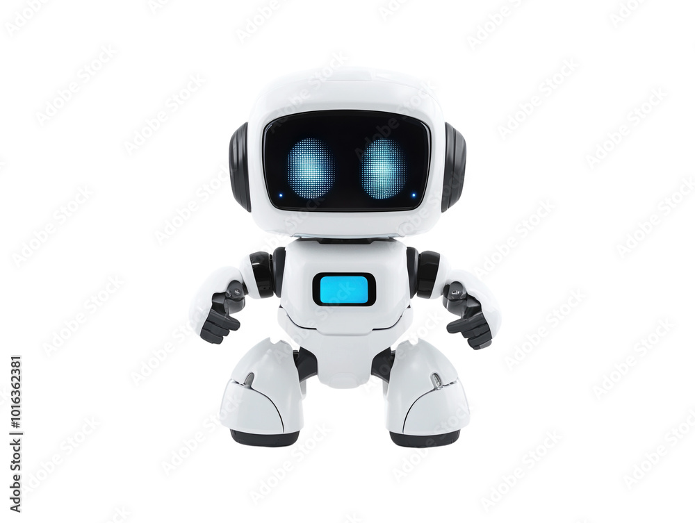 White toy robot with black screen eyes and articulated arms, isolated on white. PNG transparent. White toy robot with black screen eyes and articulated arms, isolated on white. PNG transparent.