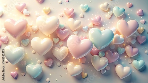 Softly glowing pastel hearts of various sizes float gently against a serene, creamy white background, evoking feelings of tender love, warmth, and affectionate romance. photo