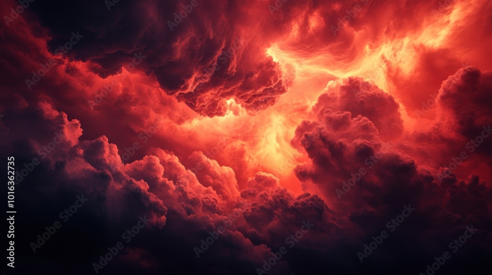 Dramatic red and orange clouds illuminated against a dark sky, evoking a sense of intensity.