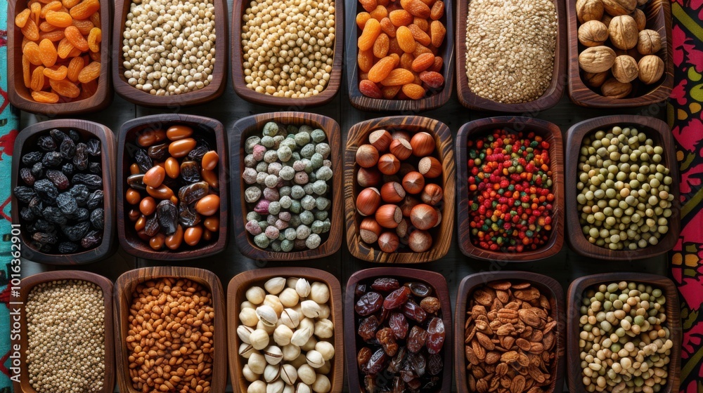 An overhead view of multiple rectangular bowls filled with various dried fruits, nuts, and seeds, showcasing a healthy, organic, and nutritious food collection.
An overhead view of multiple rectangular bowls filled with various dried fruits, nuts, and seeds, showcasing a healthy, organic, and nutritious food collection.