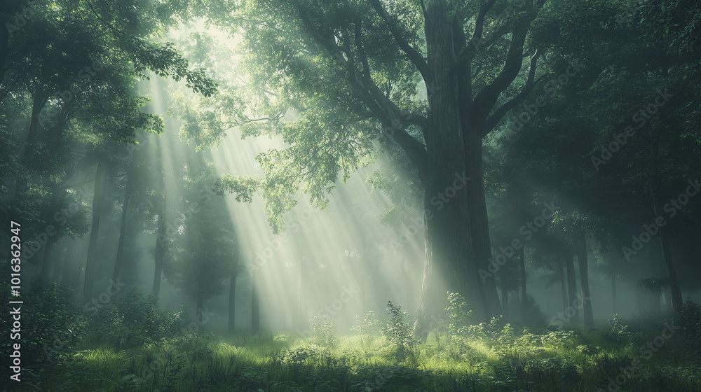 Obraz premium Sunlight Filtering Through Misty Forest with Towering Trees