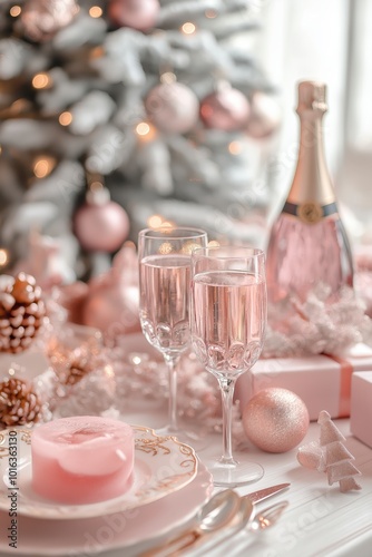 Christmas, New year dinner table decorated in pink