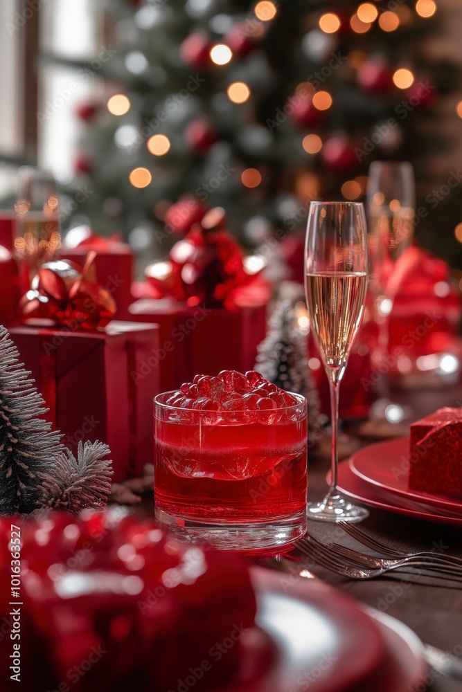 Christmas, New year dinner table decorated in red Christmas, New year dinner table decorated in red