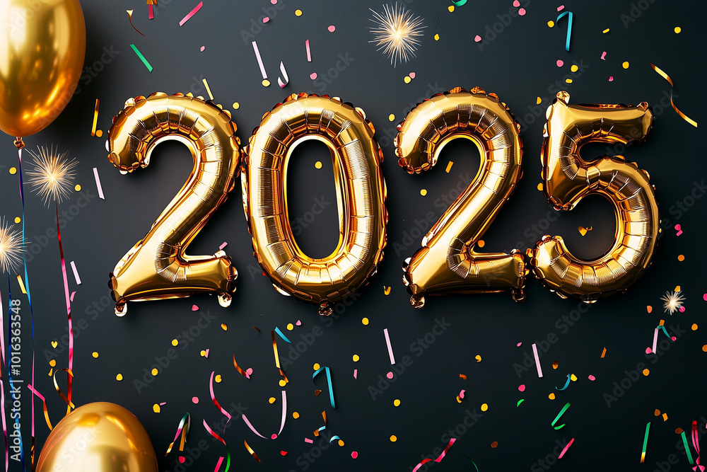 A gold balloon with the number twenty-five on it is surrounded by confetti A gold balloon with the number twenty-five on it is surrounded by confetti
