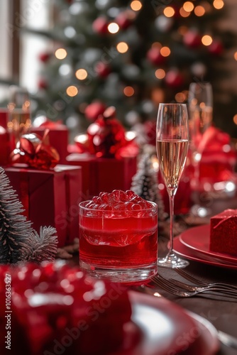 Christmas, New year dinner table decorated in red