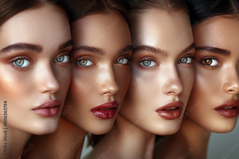 Naklejka premium A close-up beauty shot of four models with glowing skin and radiant makeup, highlighting the flawless complexion and perfect symmetry of their faces.
