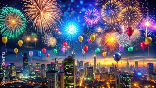 Sparkling fireworks illuminate a vibrant night sky above a confetti-covered cityscape as colorful balloons and streamers celebrate the dawn of a new year.