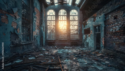 Abandoned buildings with a sense of mystery and forgotten history, eerie and historical, Urban, Cool tones, Photograph, Urban decay