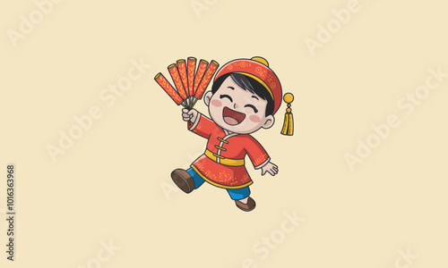 Happy child in traditional outfit holding firecrackers