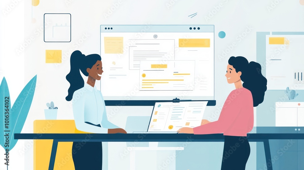 A pair of women joyfully working together on a marketing plan in a bright, modern office A pair of women joyfully working together on a marketing plan in a bright, modern office
