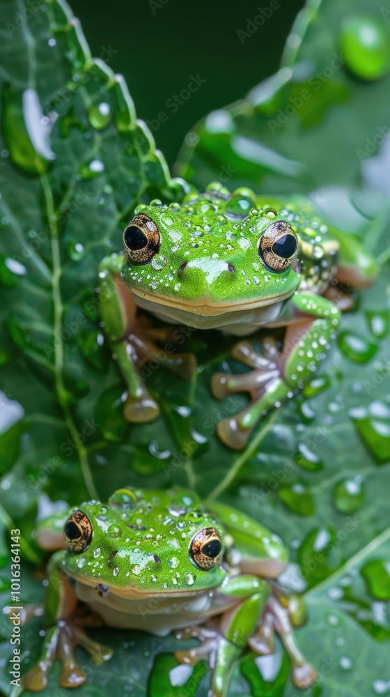 Amphibians emerging from water droplets on leaves, delicate and vibrant, Nature, Soft greens, Photograph, Natural emergence Amphibians emerging from water droplets on leaves, delicate and vibrant, Nature, Soft greens, Photograph, Natural emergence