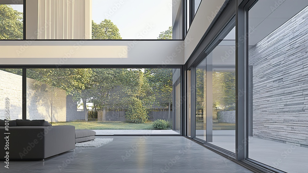 Fototapeta premium Modern Home Interior Design with Large Windows and Garden View