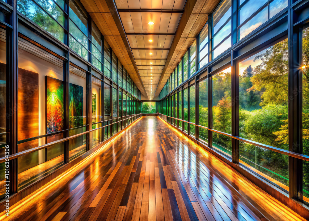 long walkway features glass wall and wooden flooring, illuminated by warm lights. surrounding greenery creates serene atmosphere, perfect for reflection long walkway features glass wall and wooden flooring, illuminated by warm lights. surrounding greenery creates serene atmosphere, perfect for reflection