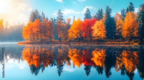 An autumn forest landscape presents colorful trees reflected in a calm lake during golden hour, featuring rich reds and oranges that evoke a serene, photorealistic feel.