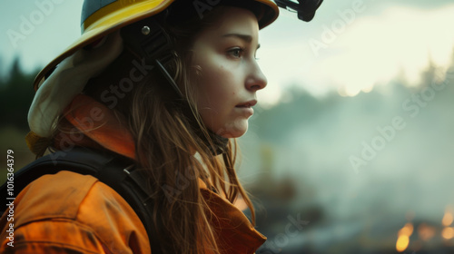 A firefighter stands resolutely amidst a raging wildfire as flames light up the surroundings, showcasing bravery and focus. photo