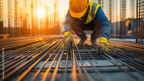 Construction Worker Arranging Steel Rebar at Sunset