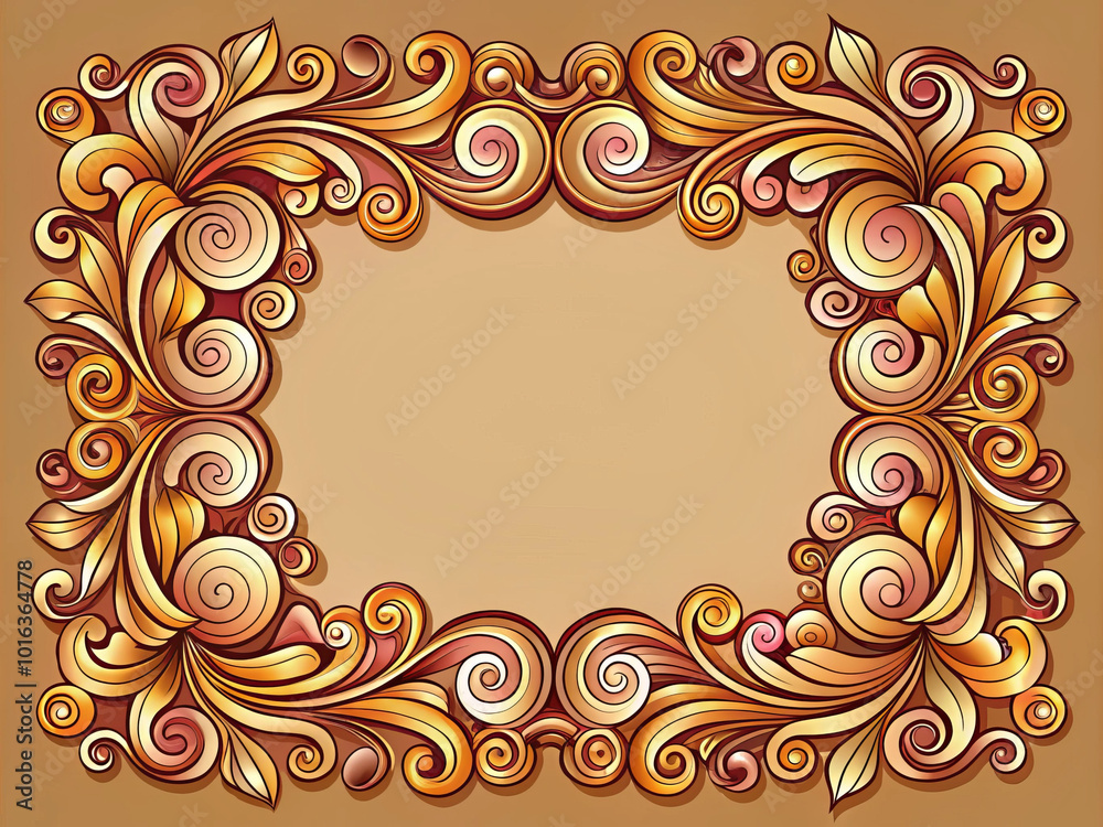 Ornate decorative frame featuring intricate swirls and floral elements in warm tones of gold, brown, and peach, perfect for showcasing artwork or text Ornate decorative frame featuring intricate swirls and floral elements in warm tones of gold, brown, and peach, perfect for showcasing artwork or text