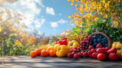 An autumn harvest cornucopia displays vibrant fruits and vegetables on a rustic wooden table under golden sunlight, celebrating seasonal bounty and farm-fresh ingredients.