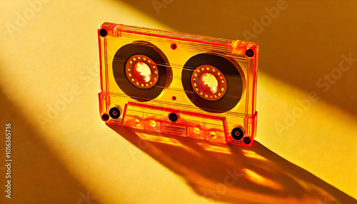 close up of a music cassette on yellow background 