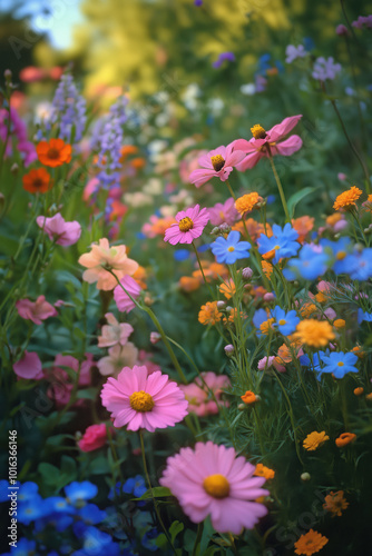A vibrant array of flowers thrives in a sunlit garden, featuring pink, blue, and orange blossoms amid lush greenery during springtime.