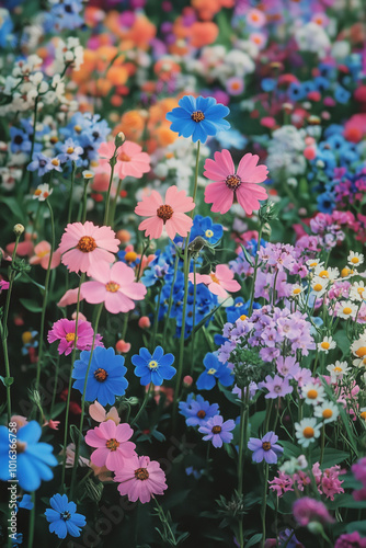 Colorful garden blooms in a sunlit landscape showcasing diverse flowers during springtime
